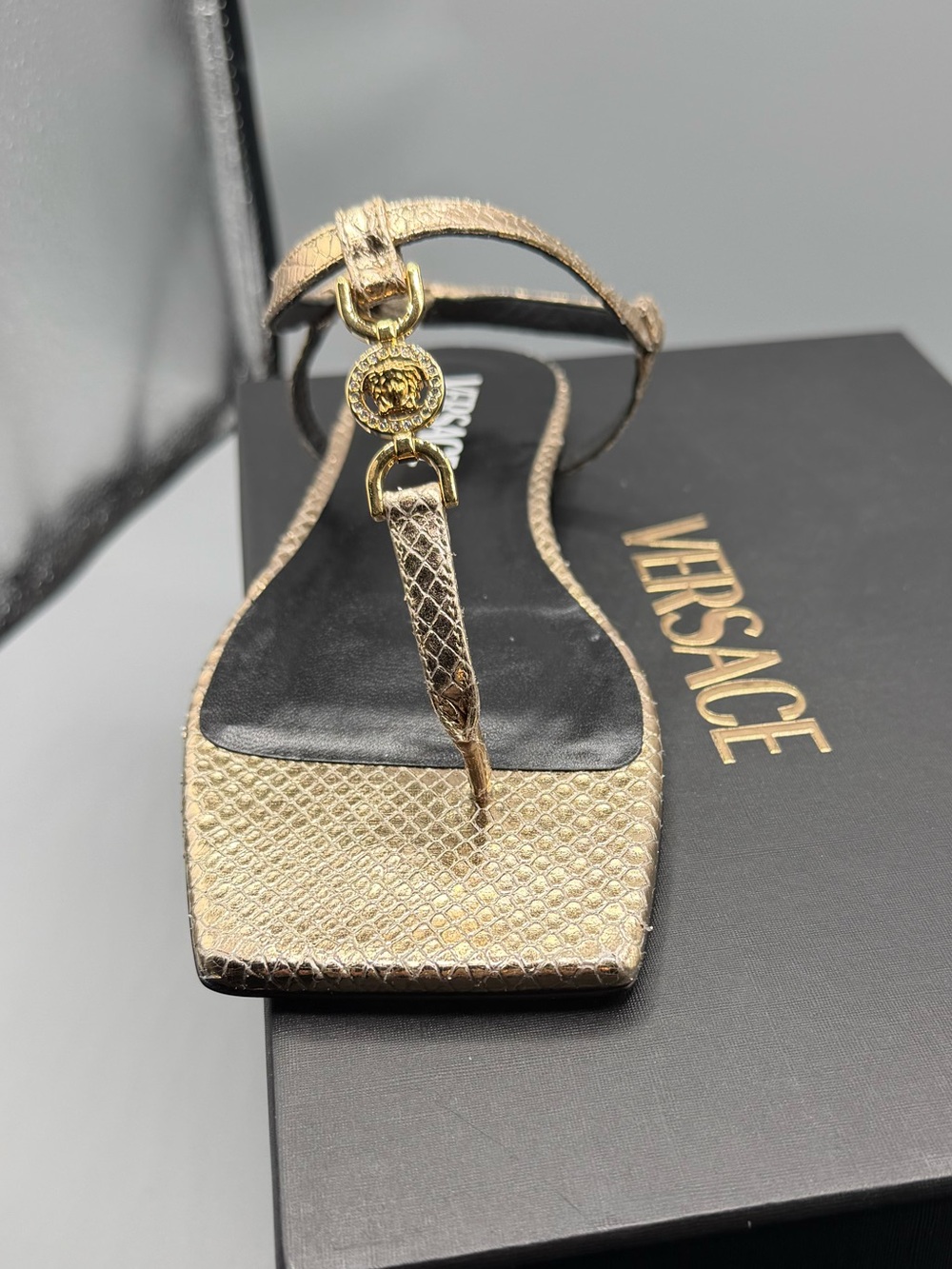 Versace Metallic Gold Textured Thong Sandal with Medusa Accent